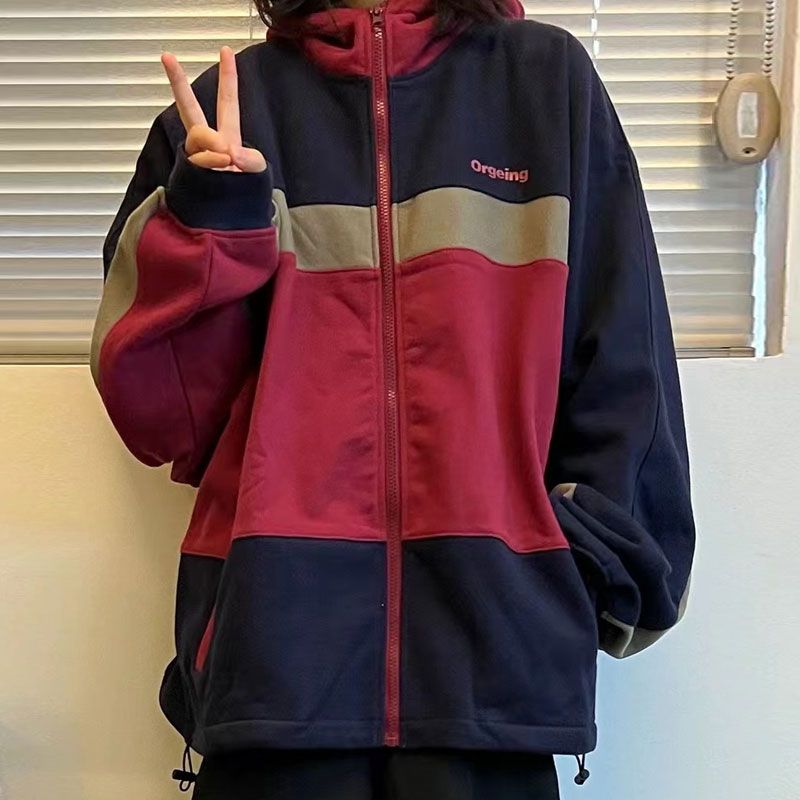 Vintage Oversized Color Block Zip Hooded Jacket - fairypeony