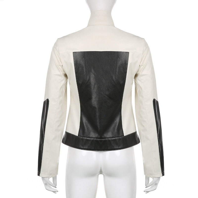 Color Block Zipper Faux Leather Moto Jacket - fairypeony