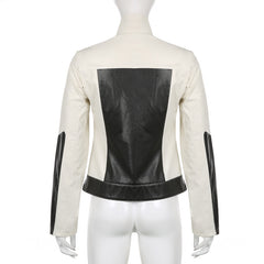 Color Block Zipper Faux Leather Moto Jacket - fairypeony