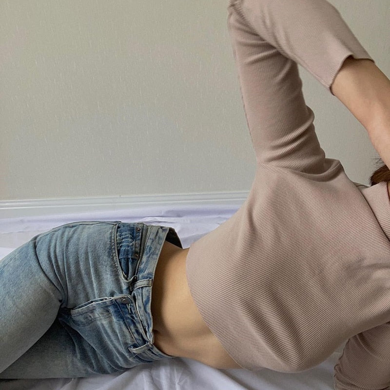 Stretch Rib Solid Color Long-Sleeved T-Shirt, , women clothing, stretch-rib-solid-color-long-sleeved-t-shirt, , fairypeony