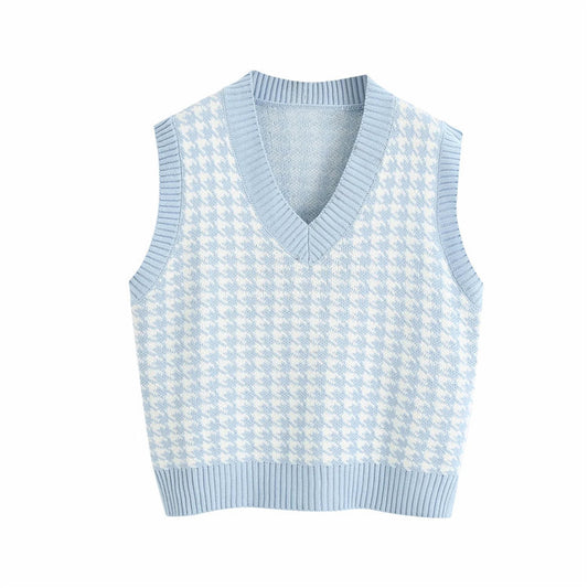 Houndstooth knitted Sweater, , women clothing, houndstooth-knitted-vest-vest, , fairypeony