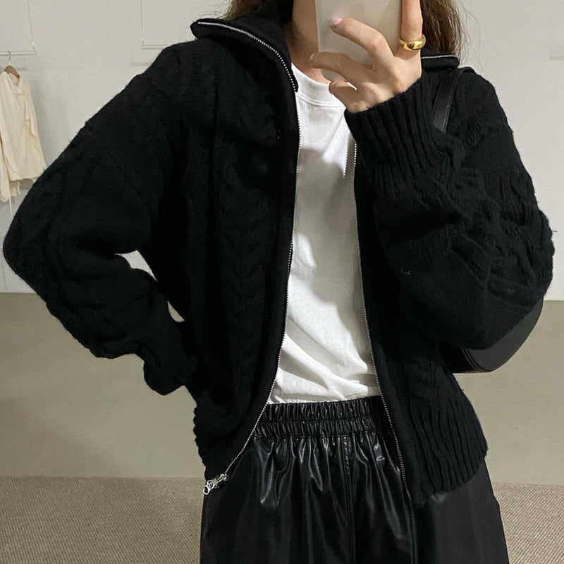 Aesthetic Cable Knit Zip Up Cardigan - fairypeony