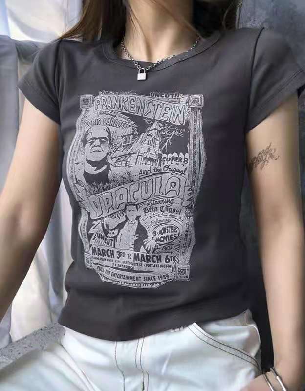 Frankenstein and Dracula T-shirt, , women clothing, american-retro-cartoon-comic-short-sleeve-t-shirt, brown, grey, L, M, S, XL, fairypeony
