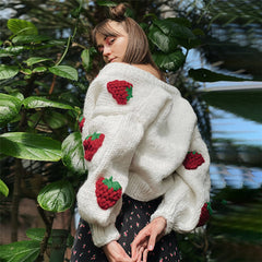 Cute Strawberry Loose V-neck Cardigan Sweater, , women clothing, cute-strawberry-loose-v-neck-cardigan-sweater, , fairypeony