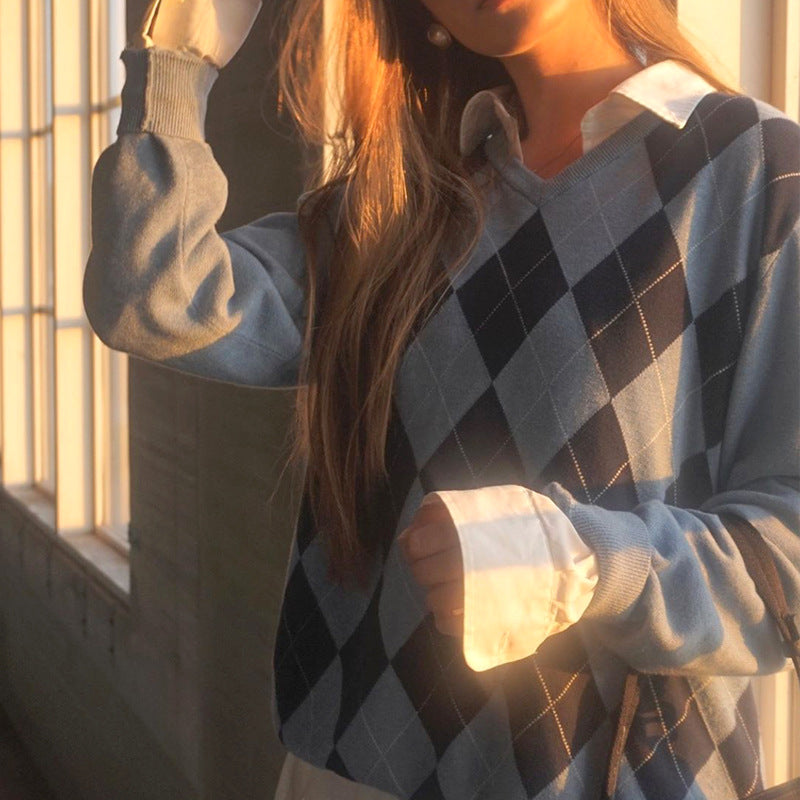 Preppy Style Argyle Sweater, , women clothing, preppy-style-argyle-sweater, , fairypeony
