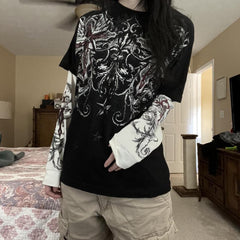 Punk Patchwork Long Sleeve Graphic Tee - fairypeony