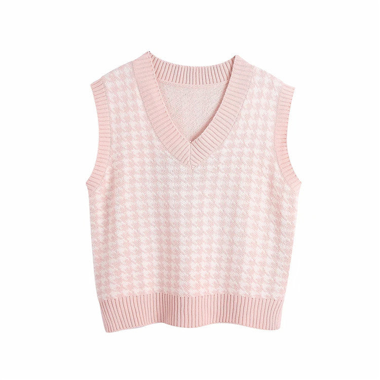 Houndstooth knitted Sweater, , women clothing, houndstooth-knitted-vest-vest, , fairypeony