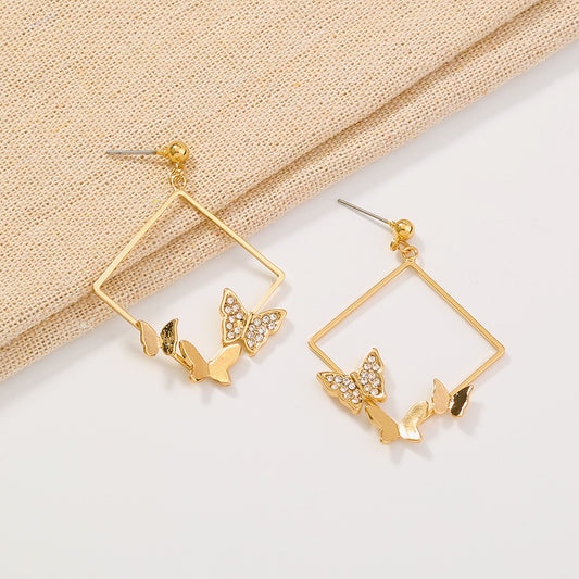 Geometric fashion diamond studded butterfly earrings, , women clothing, geometric-fashion-diamond-studded-butterfly-earrings, , fairypeony