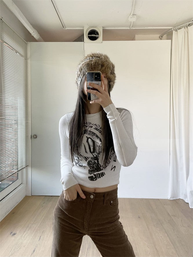 Vintage Print White Cropped Knit Top - fairypeony