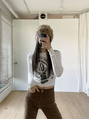 Vintage Print White Cropped Knit Top - fairypeony