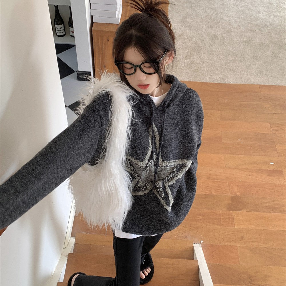 Star Jacquard Hooded Pullover Sweater - fairypeony