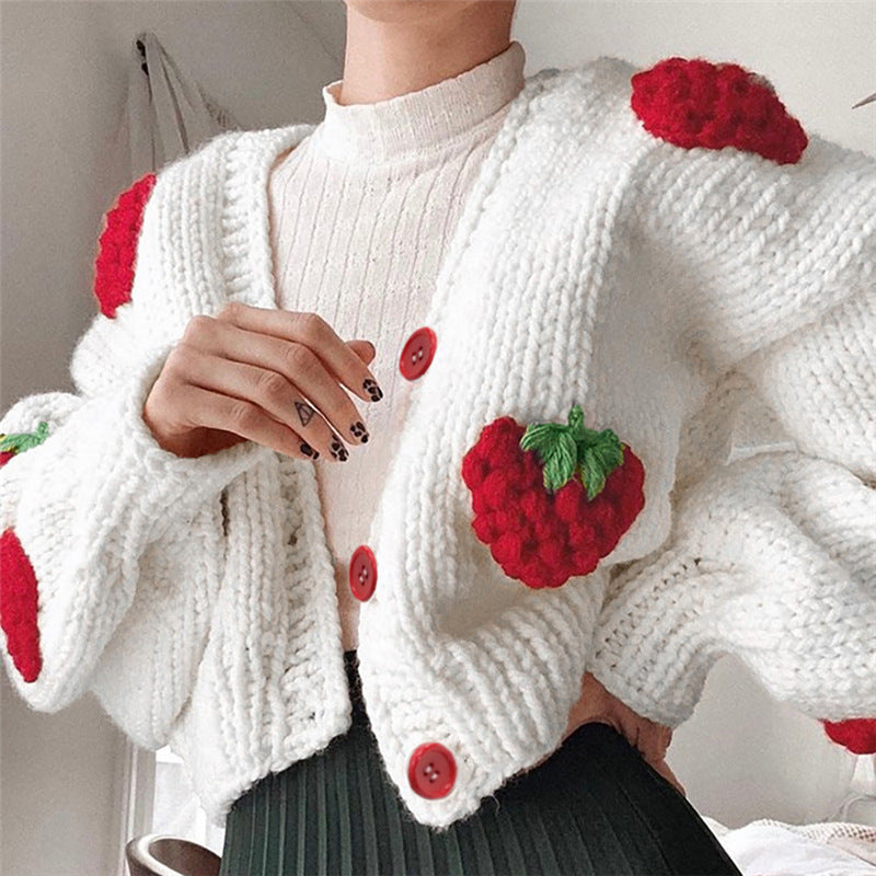 Cute Strawberry Loose V-neck Cardigan Sweater, , women clothing, cute-strawberry-loose-v-neck-cardigan-sweater, , fairypeony