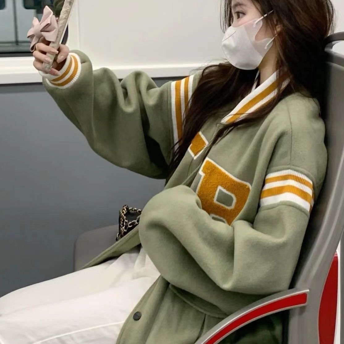 Color Block Vintage Embroidered Varsity Jacket - fairypeony