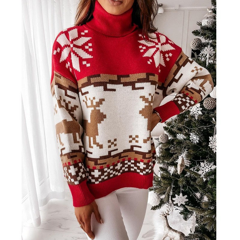 Turtleneck Christmas Jacquard Knitted Sweater, , women clothing, turtleneck-christmas-jacquard-knitted-sweater, , fairypeony