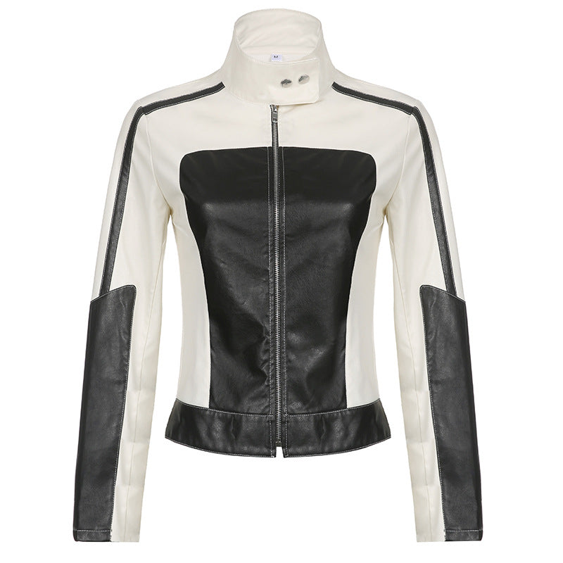 Color Block Zipper Faux Leather Moto Jacket - fairypeony