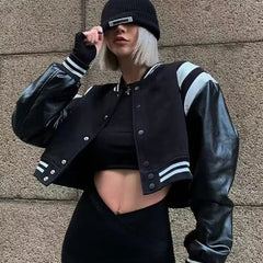 Black Retro Street Baseball Jacket, , women clothing, black-retro-street-baseball-jacket, , fairypeony
