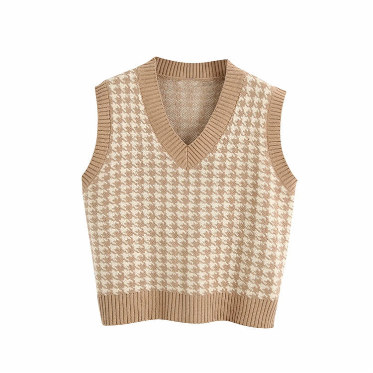 Houndstooth knitted Sweater, , women clothing, houndstooth-knitted-vest-vest, , fairypeony