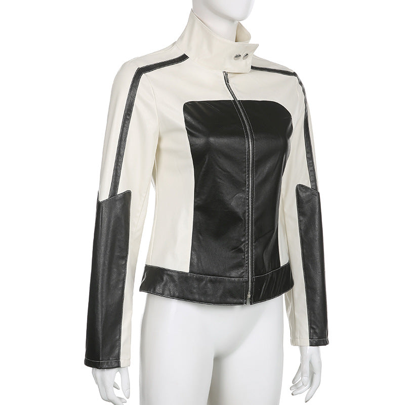 Color Block Zipper Faux Leather Moto Jacket - fairypeony