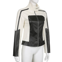 Color Block Zipper Faux Leather Moto Jacket - fairypeony