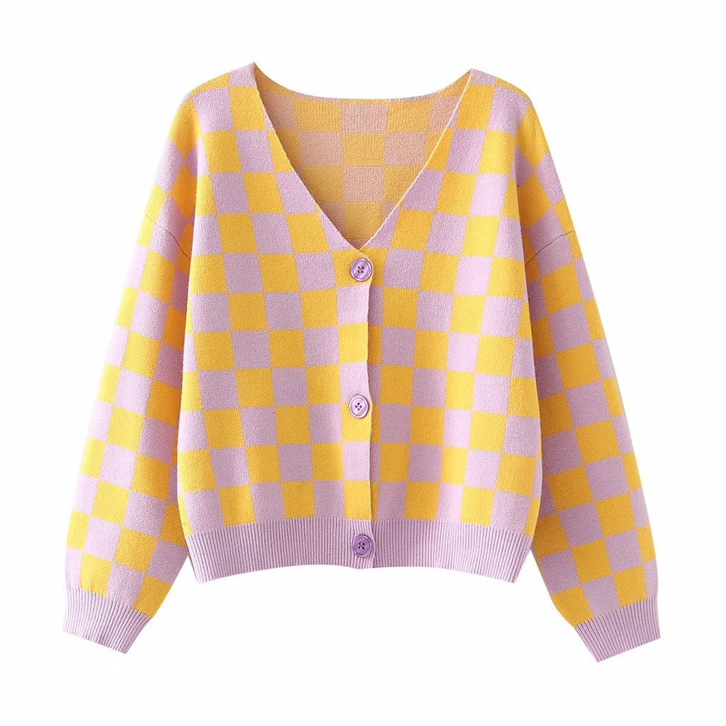 Yellow and Lavender Cardigan, , women clothing, yellow-checkerboard-pattern-v-neck-loose-sweater, L, M, S, yellow, fairypeony