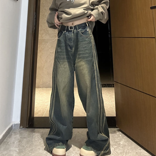 Vintage Side Striped Y2K Flare Jeans - fairypeony