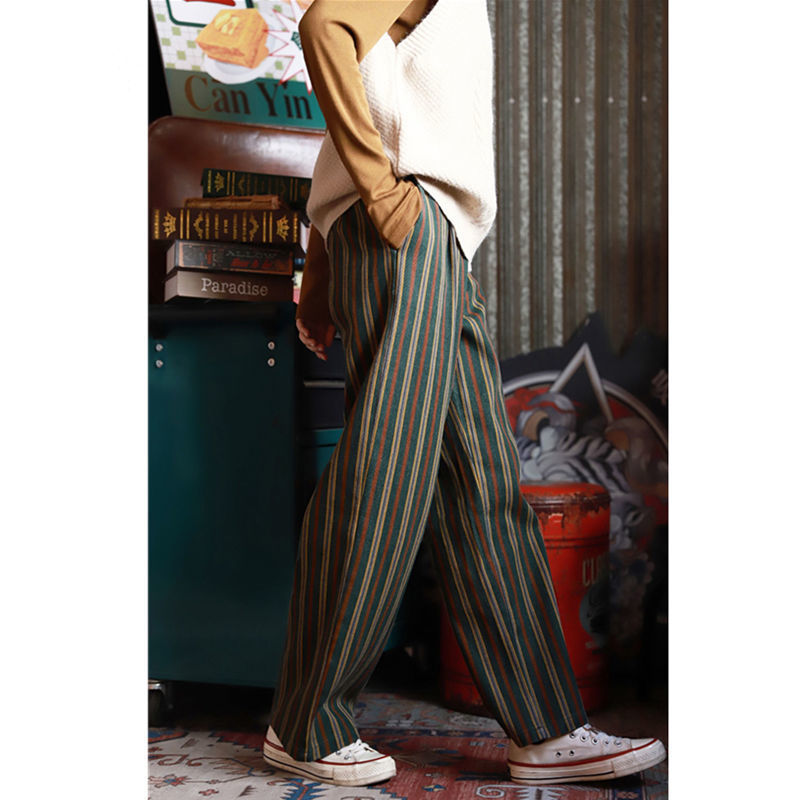 Vintage Stripe Trousers, , women clothing, fried-street-vintage-stripe-wide-leg-trousers-for-women, green, L, M, S, XL, XXL, fairypeony