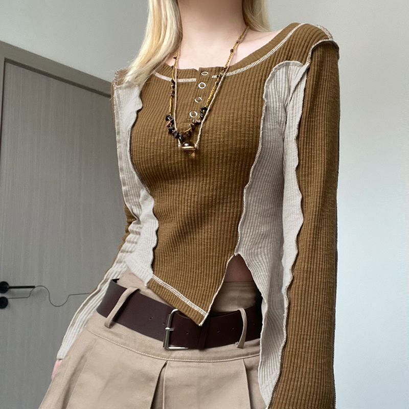 Patchwork Rib Long Sleeve Crop Top - fairypeony