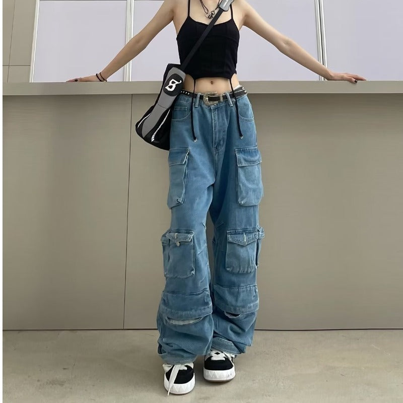 Multi Pockets Vintage Baggy Cargo Jeans - fairypeony