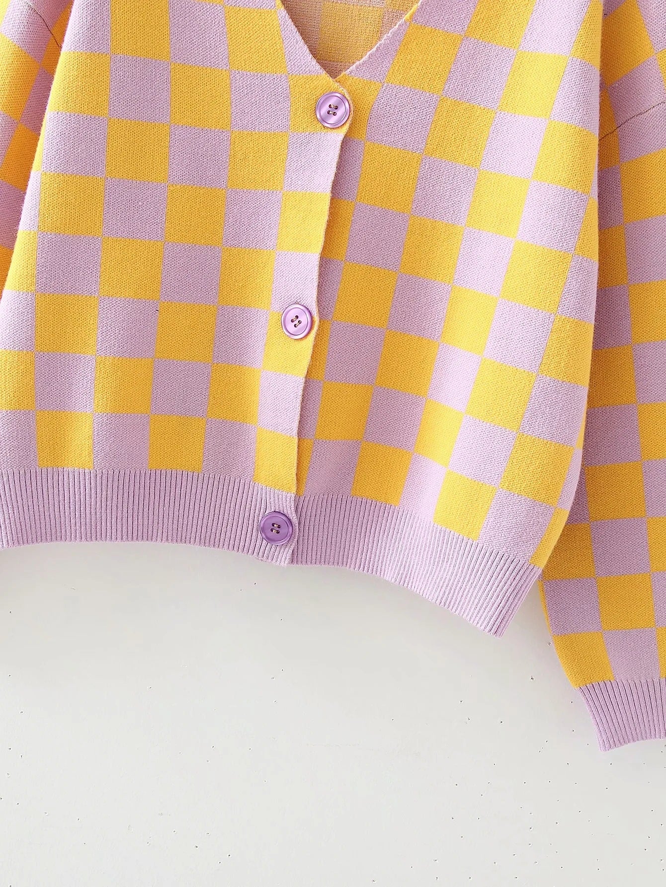 Yellow and Lavender Cardigan, , women clothing, yellow-checkerboard-pattern-v-neck-loose-sweater, L, M, S, yellow, fairypeony