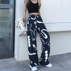 Vintage Graffiti Print Loose Wide-leg Pants, , women clothing, vintage-graffiti-print-loose-wide-leg-pants, , fairypeony