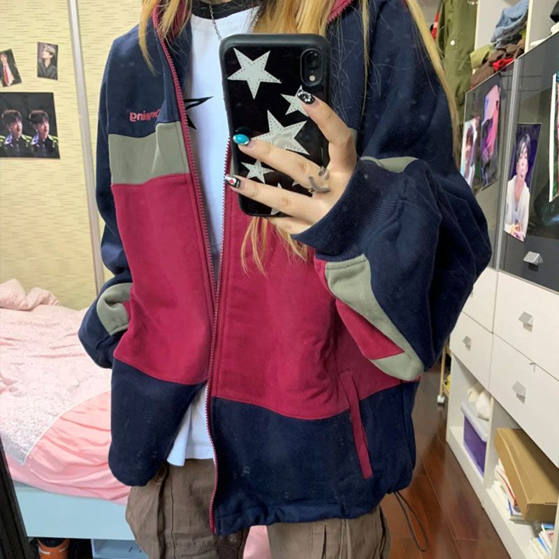 Vintage Oversized Color Block Zip Hooded Jacket - fairypeony