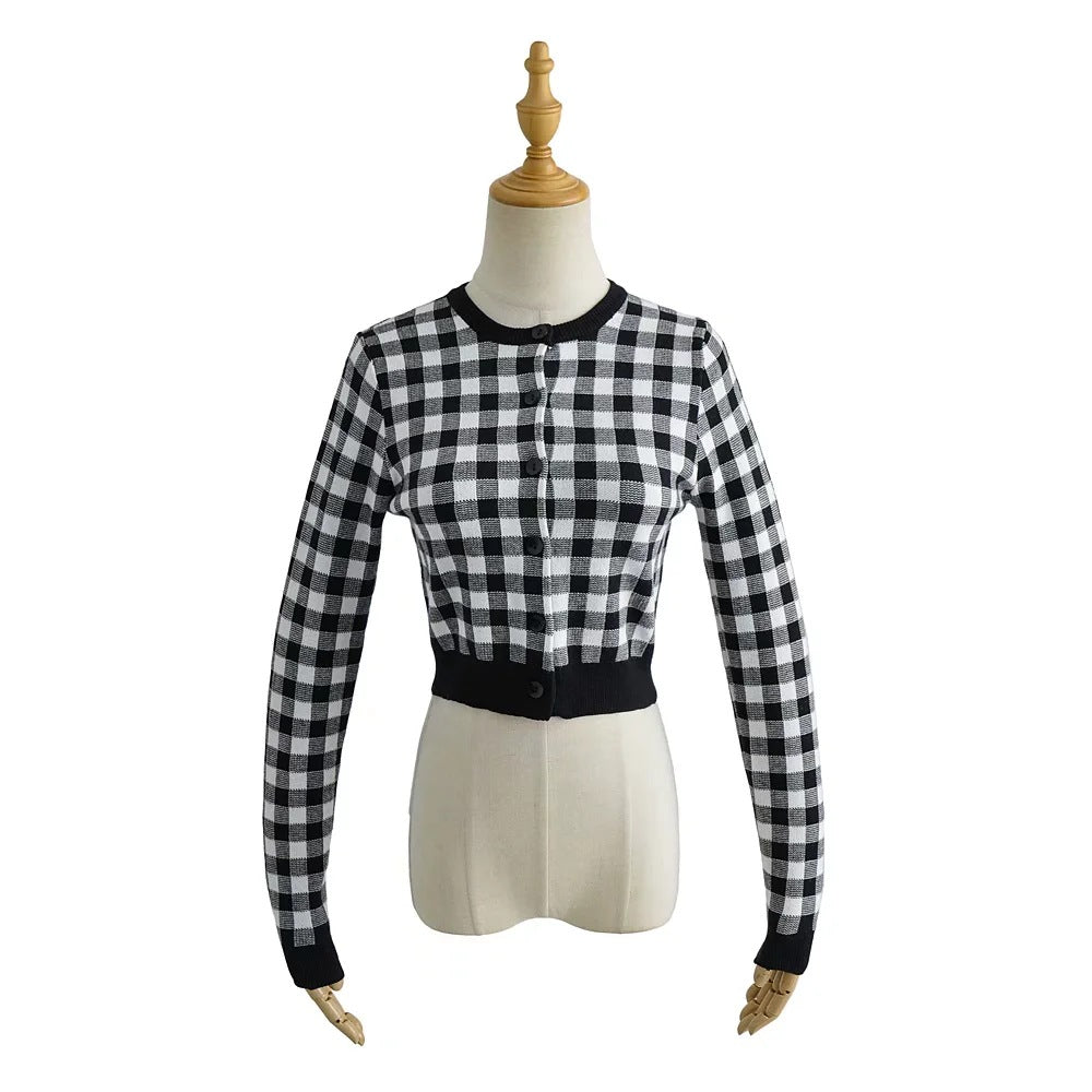 Checkered Button Front Knit Crop Cardigan, , women clothing, checkered-button-front-knit-crop-cardigan, , fairypeony