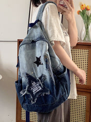 Vintage Star Patch Gradient Denim Backpack - fairypeony