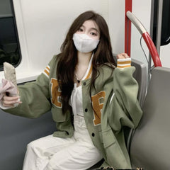 Color Block Vintage Embroidered Varsity Jacket - fairypeony