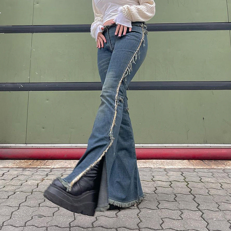 Low-waisted Raw Edge Flared Jeans, , women clothing, low-waisted-raw-edge-flared-jeans, , fairypeony