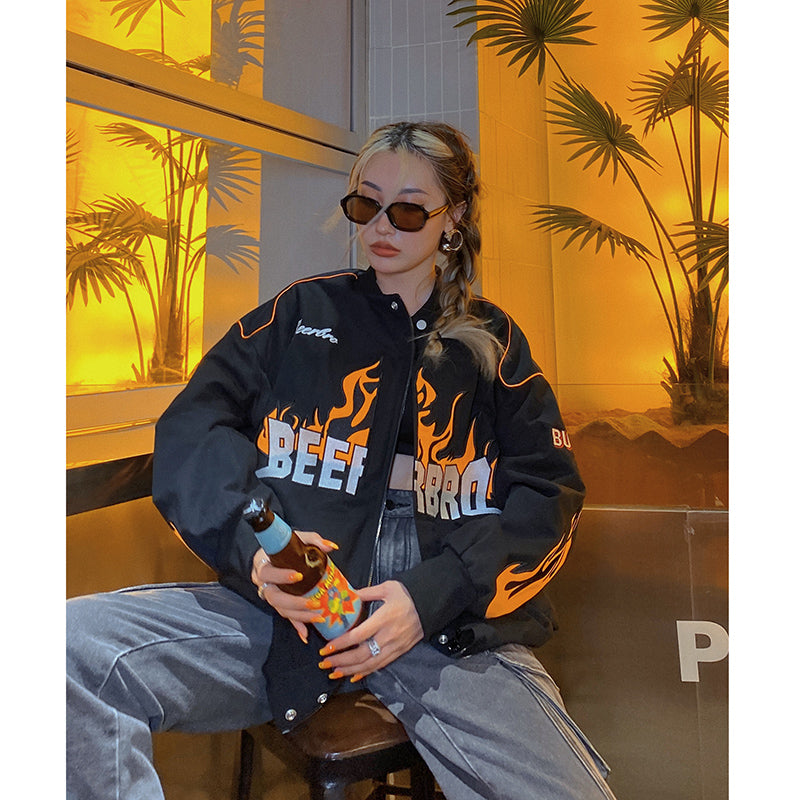 Retro Flame Varsity Jacket, , women clothing, retro-flame-varsity-jacket, black, fairypeony