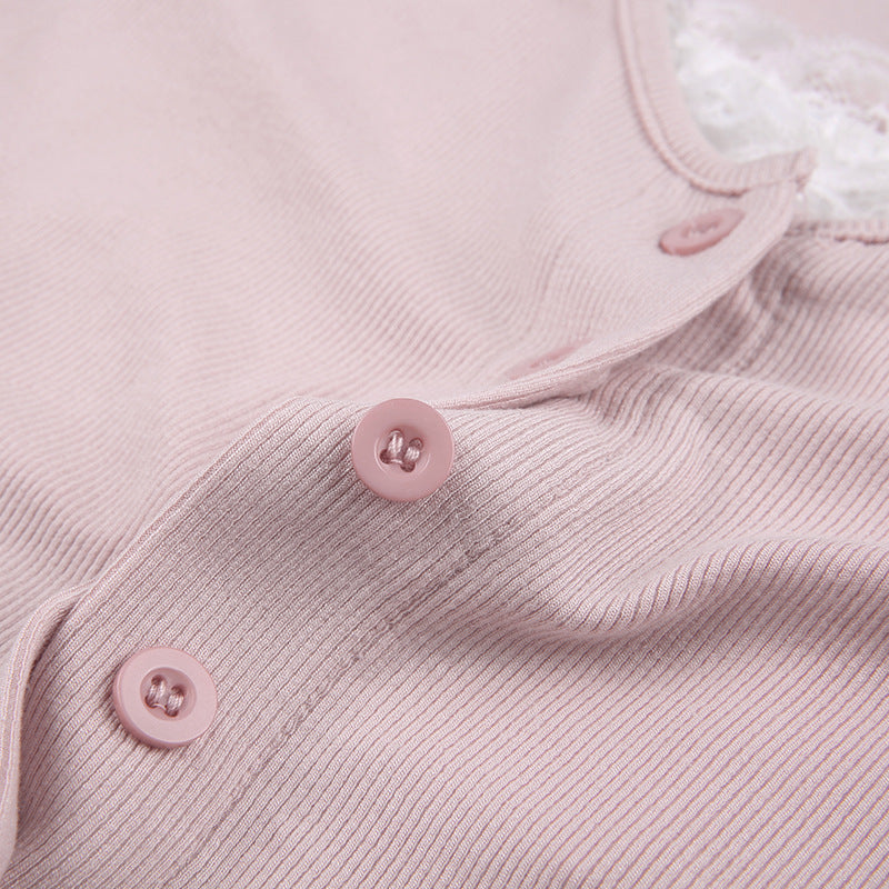 Lace Trim Knit Long Sleeve Button Crop Top - fairypeony