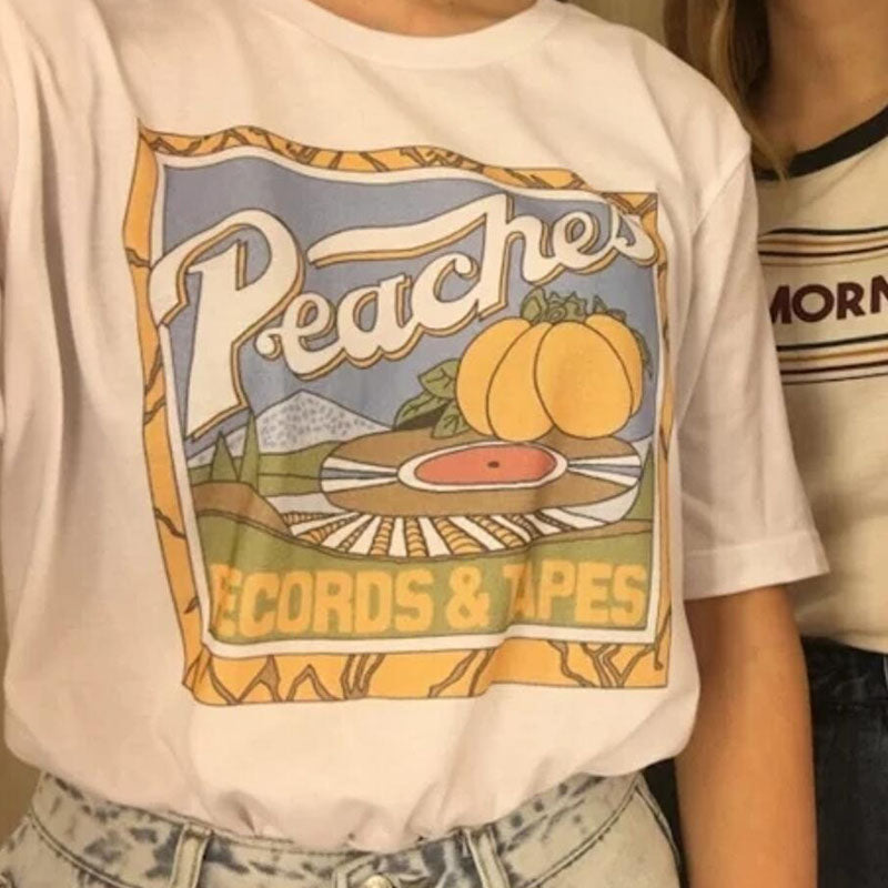Peaches Ecords & Tapes T-shirt, , women clothing, peaches-ecords-tapes-cute-tshirt-white-tops-women-colorful, L, M, S, white, XL, xs, XXL, fairypeony