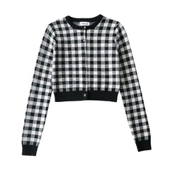 Checkered Button Front Knit Crop Cardigan, , women clothing, checkered-button-front-knit-crop-cardigan, , fairypeony