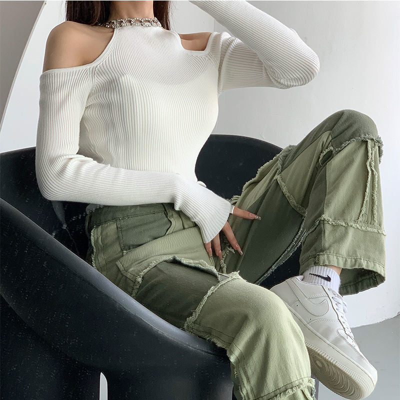 Stitching Contrast Color High Waist Straight Pants, , women clothing, stitching-contrast-color-high-waist-straight-pants, , fairypeony