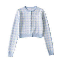 Checkered Button Front Knit Crop Cardigan, , women clothing, checkered-button-front-knit-crop-cardigan, , fairypeony