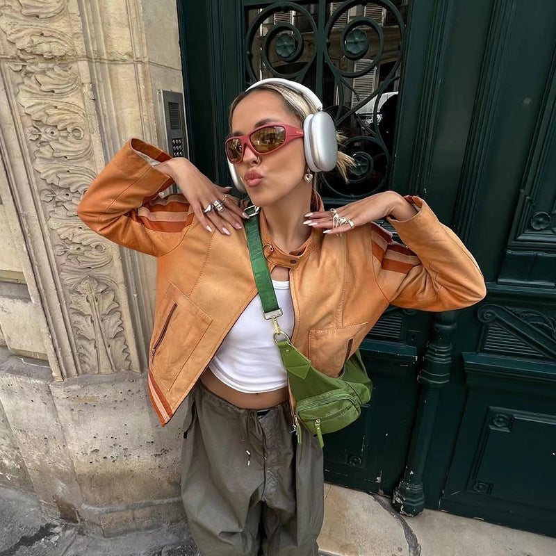 Side Stripe Pu Leather Biker Jacket - fairypeony