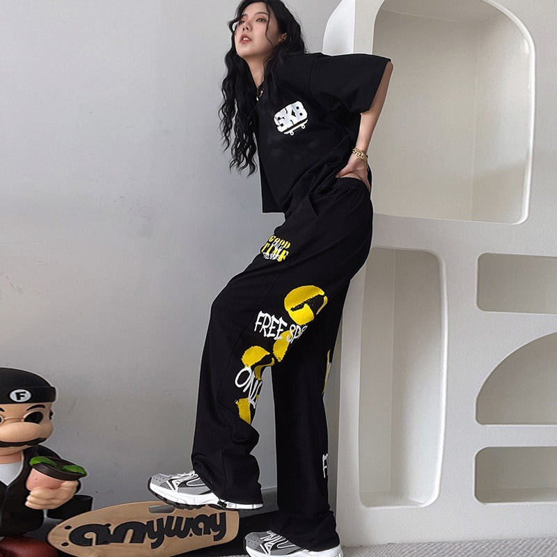 Punk Letter Graphic Black Baggy Sweatpants, , women clothing, punk-letter-graphic-black-baggy-sweatpants, , fairypeony