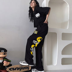 Punk Letter Graphic Black Baggy Sweatpants, , women clothing, punk-letter-graphic-black-baggy-sweatpants, , fairypeony