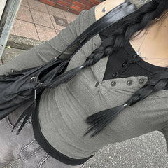 Patchwork Buttoned Long Sleeve Knit Top - fairypeony