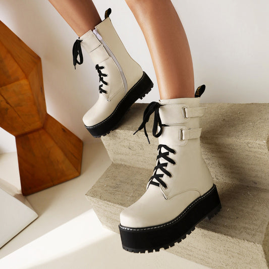 Double Row Metal Belt Martin Boots, , women clothing, double-row-metal-belt-martin-boots, black, brown, white, fairypeony