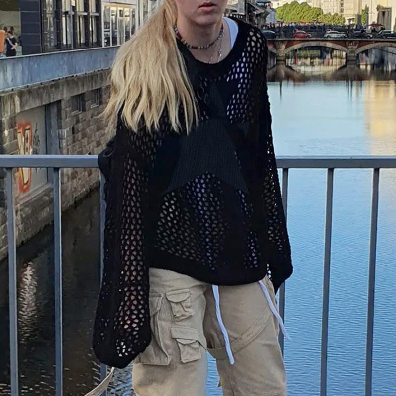 Hollow Out Star Crochet Knit Top - fairypeony