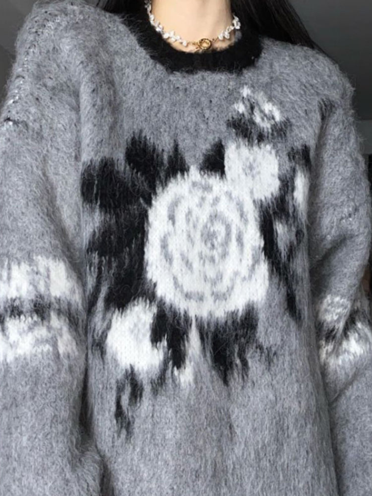 Vintage Jacquard Fuzzy Knit Sweater - fairypeony