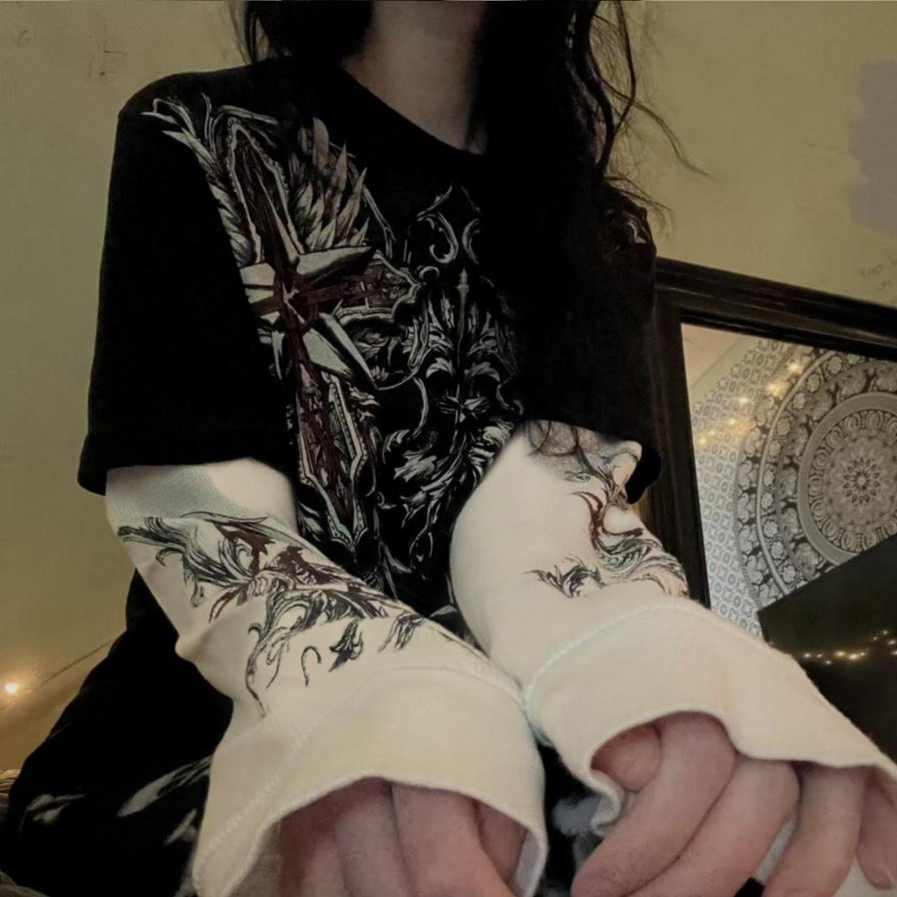 Punk Patchwork Long Sleeve Graphic Tee - fairypeony