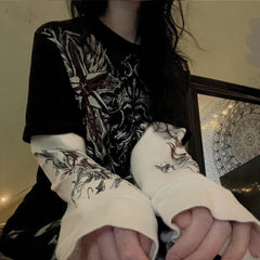 Punk Patchwork Long Sleeve Graphic Tee - fairypeony